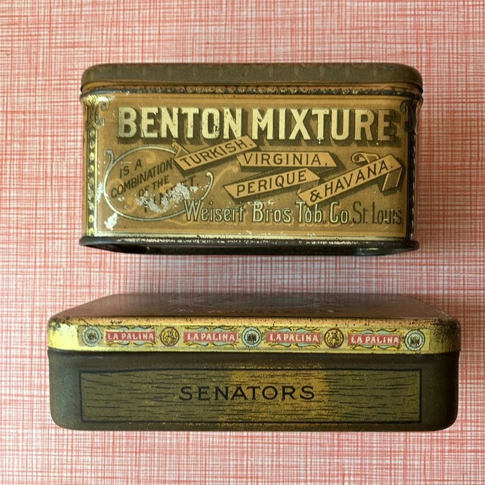 Set of two vintage antique metal cigar tobacco boxes tins advertising tobacciana